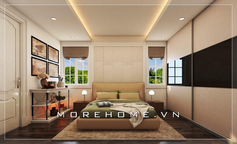 Thiết kế giường ngủ biệt thự hiện đại, gam màu vàng nhẹ nhàng thanh thoát vừa tạo điểm nhấn, vừa mang lại cảm giác sang trọng và yên bình hơn